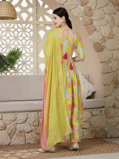 Yellow Floral Printed & Embroidered Rayon Alia Cut Kurta Pant Dupatta Set (Pre-Order)