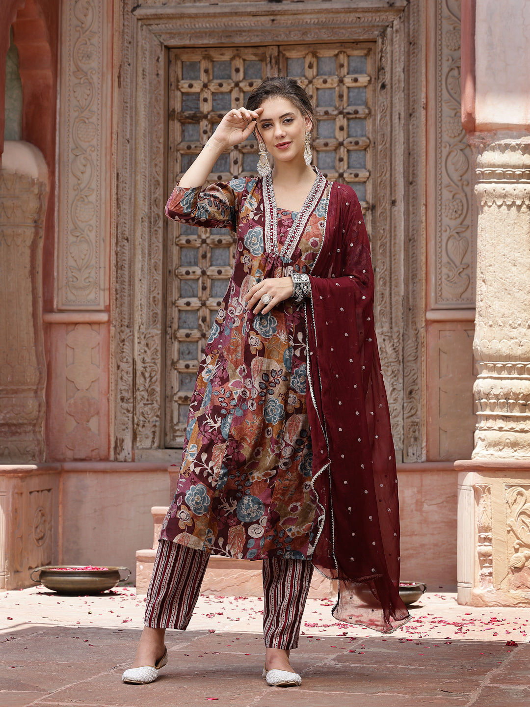 Wine Floral Printed & Embroidered Silk Blend A-Line Kurta Pant Dupatta Set (Pre-Order)