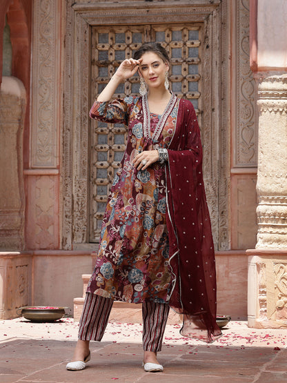 Wine Floral Printed & Embroidered Silk Blend A-Line Kurta Pant Dupatta Set (Pre-Order)