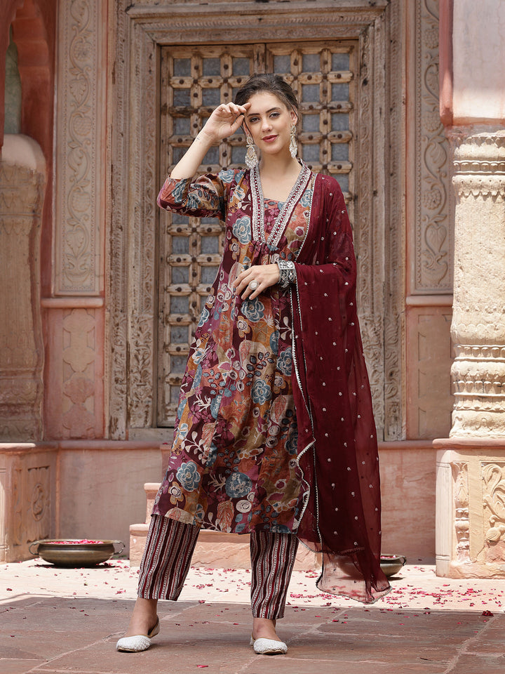 Wine Floral Printed &amp; Embroidered Silk Blend A-Line Kurta Pant Dupatta Set
