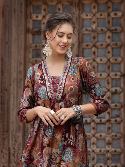 Wine Floral Printed & Embroidered Silk Blend A-Line Kurta Pant Dupatta Set (Pre-Order)