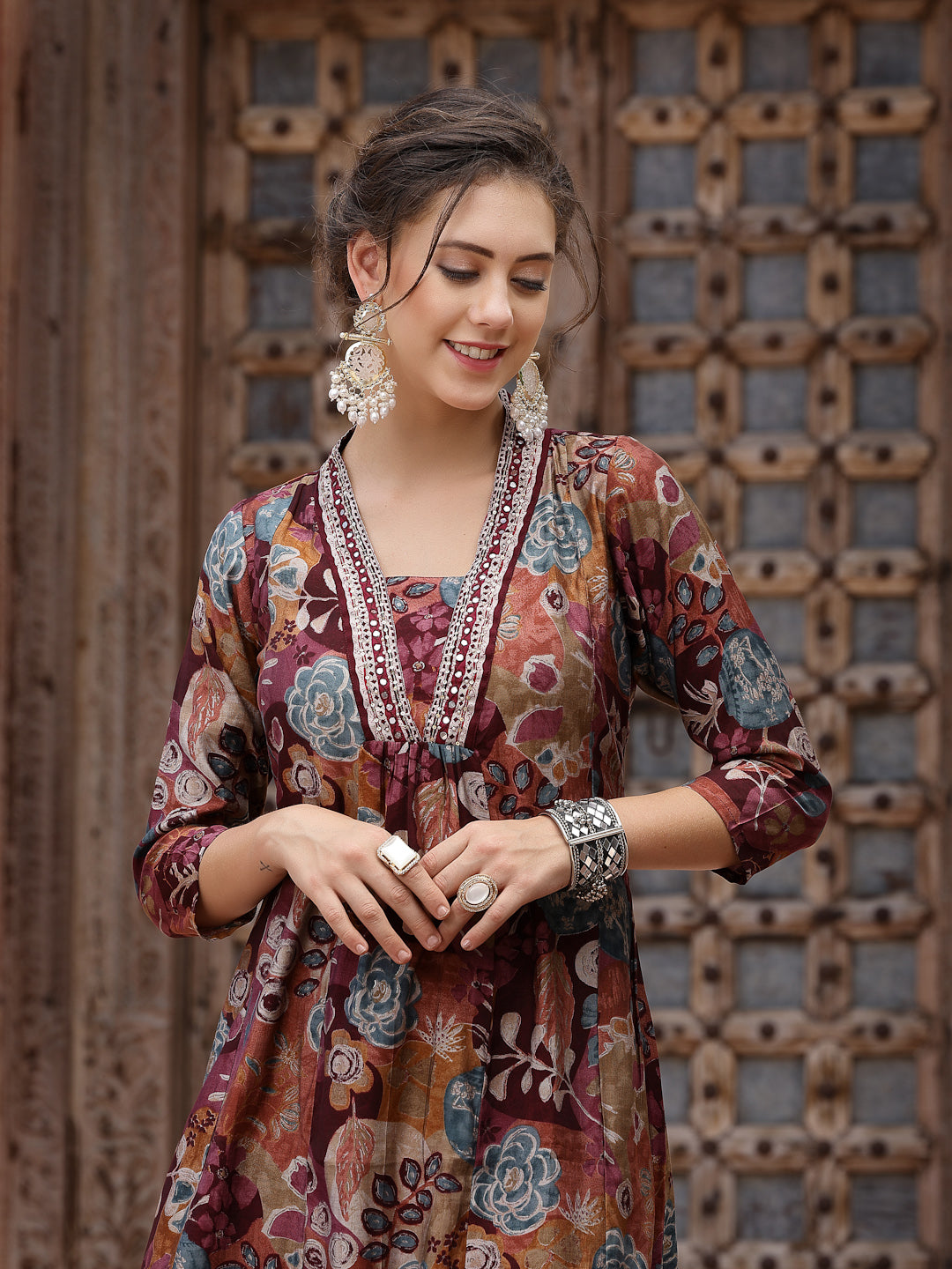 Wine Floral Printed &amp; Embroidered Silk Blend A-Line Kurta Pant Dupatta Set
