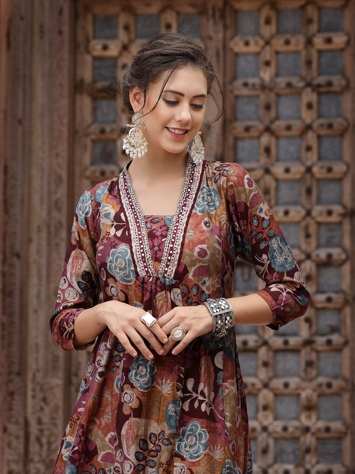 Wine Floral Printed &amp; Embroidered Silk Blend A-Line Kurta Pant Dupatta Set