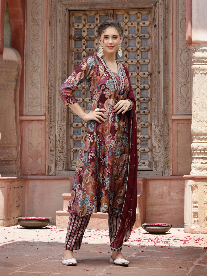 Wine Floral Printed &amp; Embroidered Silk Blend A-Line Kurta Pant Dupatta Set