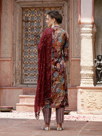 Wine Floral Printed & Embroidered Silk Blend A-Line Kurta Pant Dupatta Set (Pre-Order)