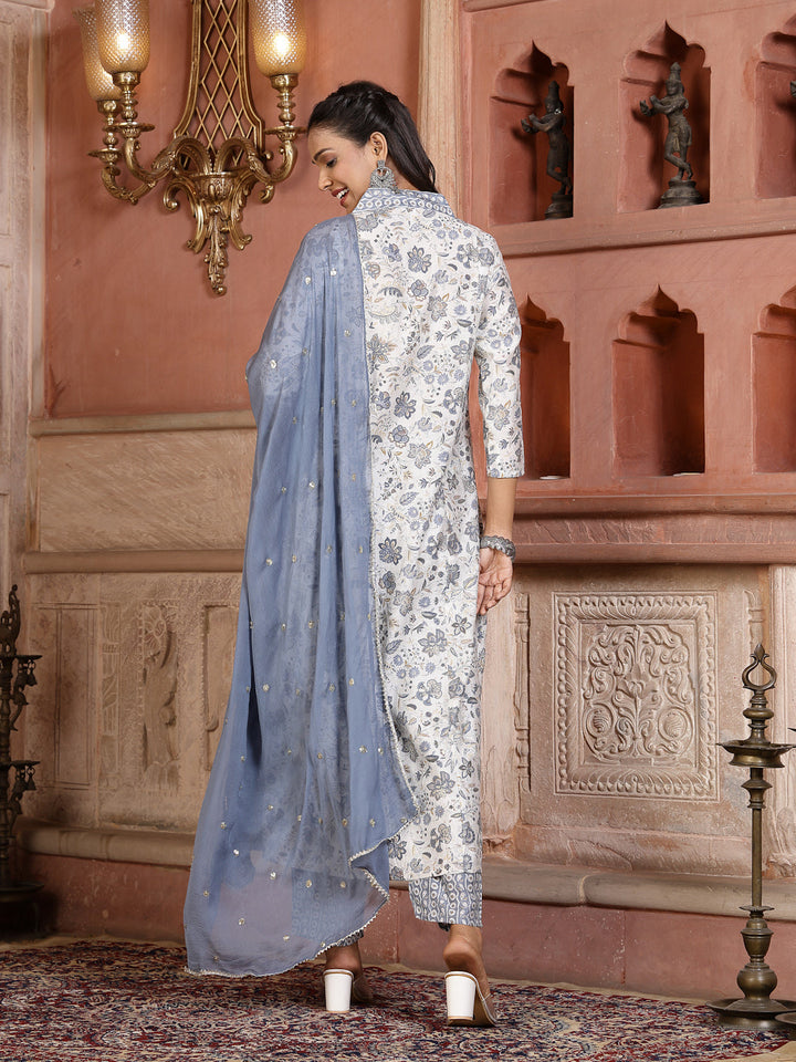 White Paisley Printed &amp; Embroidered Silk Blend A-Line Kurta Pant Dupatta Set