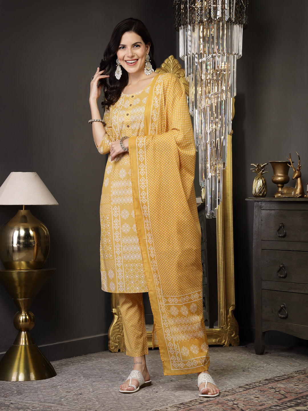 Mustard Ethnic Motif Printed Cotton Straight Kurta Pant Dupatta Set