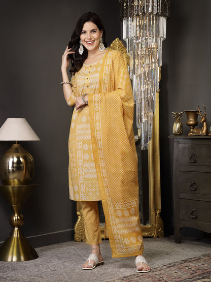 Mustard Ethnic Motif Printed Cotton Straight Kurta Pant Dupatta Set