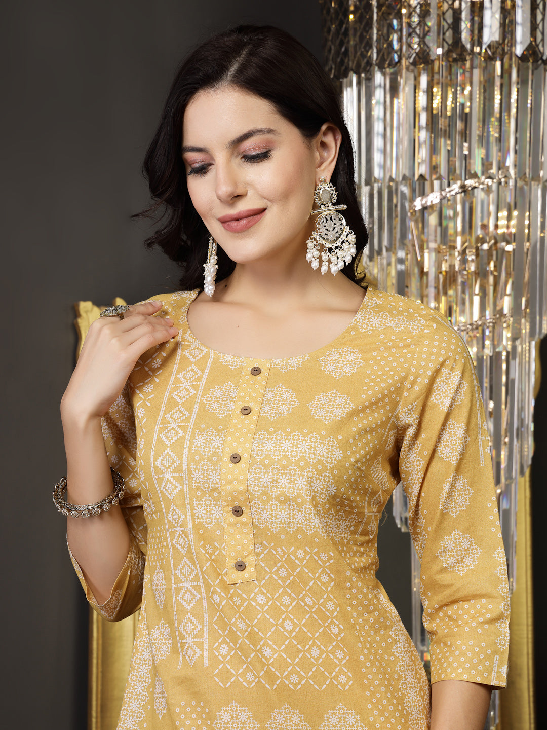 Mustard Ethnic Motif Printed Cotton Straight Kurta Pant Dupatta Set
