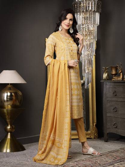 Mustard Ethnic Motif Printed Cotton Straight Kurta Pant Dupatta Set