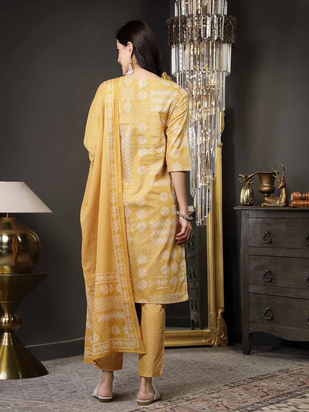 Mustard Ethnic Motif Printed Cotton Straight Kurta Pant Dupatta Set