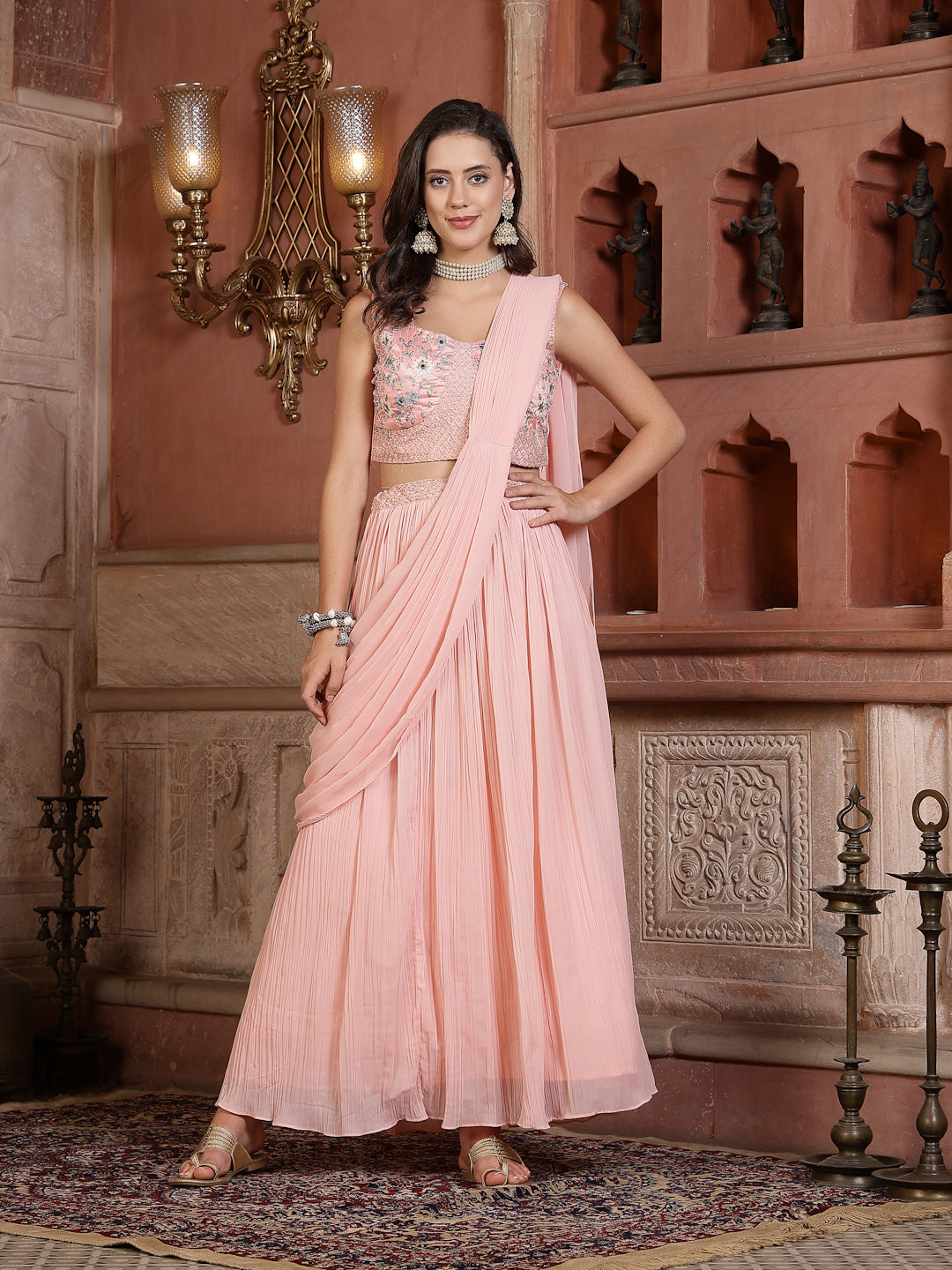 Printed &amp; Embroidered Georgette Draped Lehenga Saree With Blouse