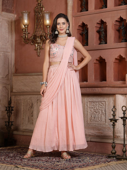 Printed & Embroidered Georgette Draped Lehenga Saree With Blouse (Pre-Order)