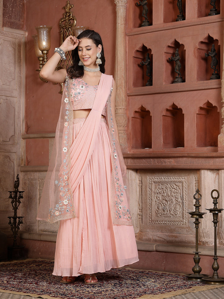 Printed &amp; Embroidered Georgette Draped Lehenga Saree With Blouse