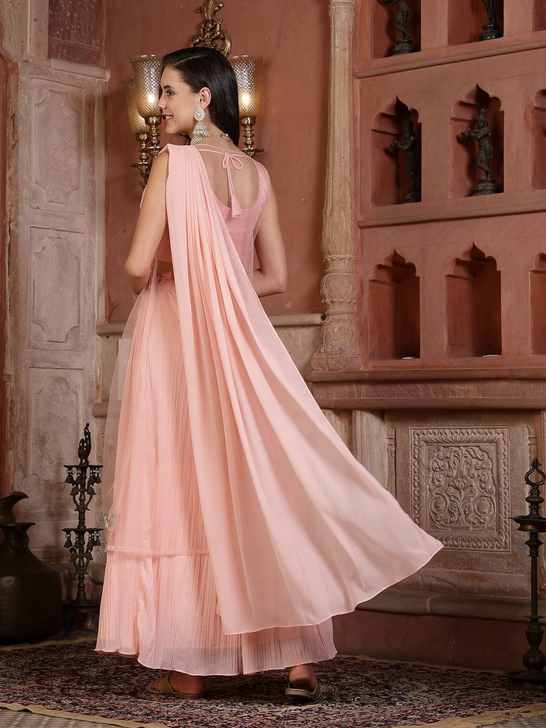 Printed &amp; Embroidered Georgette Draped Lehenga Saree With Blouse