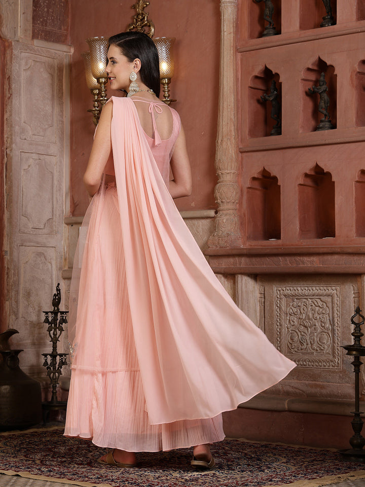 Printed &amp; Embroidered Georgette Draped Lehenga Saree With Blouse