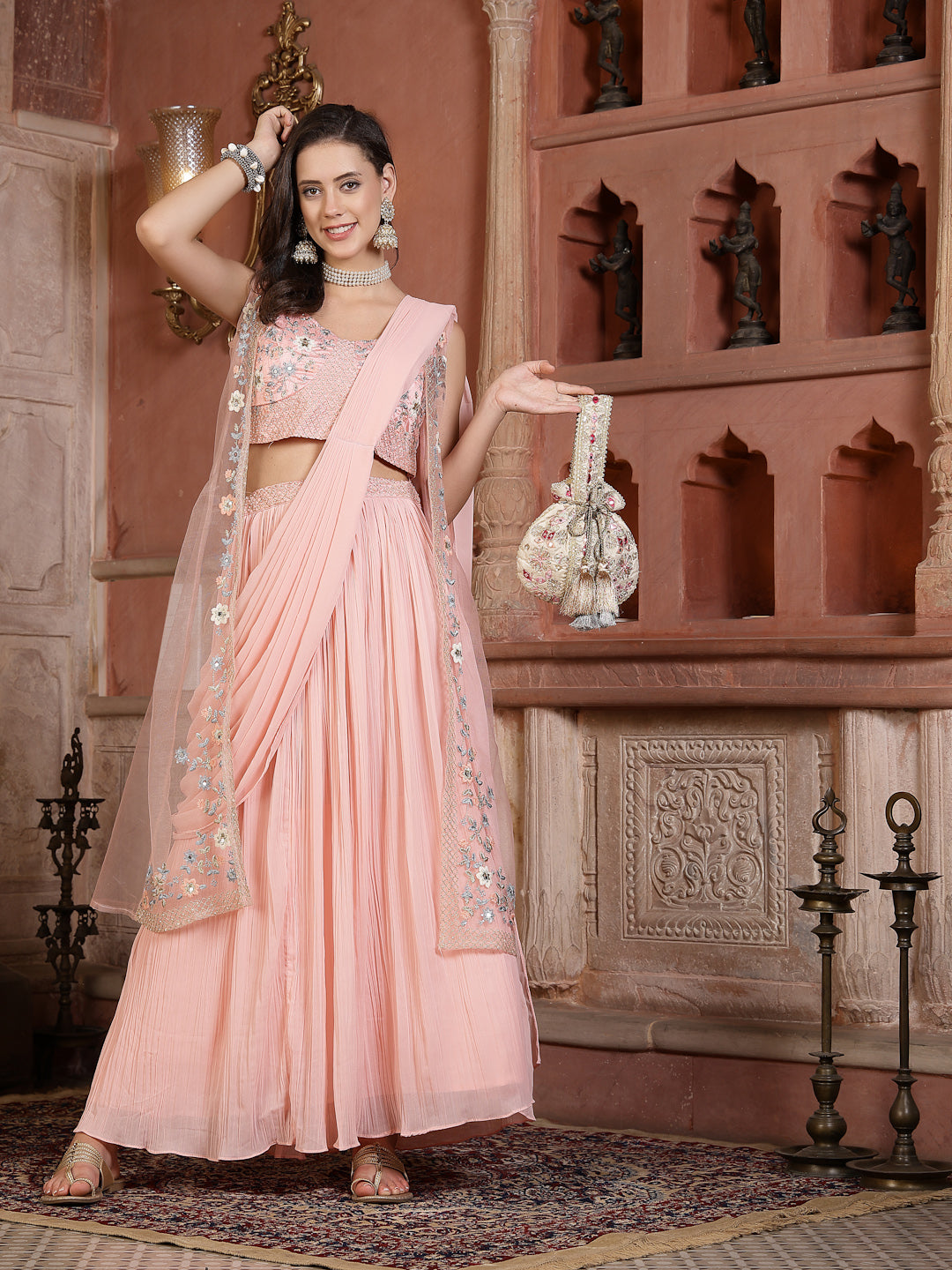 Printed &amp; Embroidered Georgette Draped Lehenga Saree With Blouse