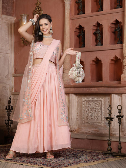 Printed & Embroidered Georgette Draped Lehenga Saree With Blouse