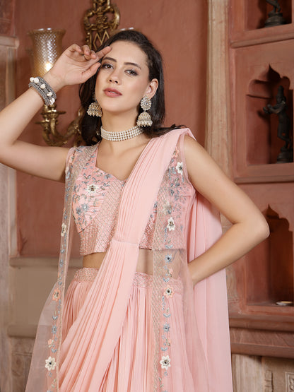 Printed & Embroidered Georgette Draped Lehenga Saree With Blouse