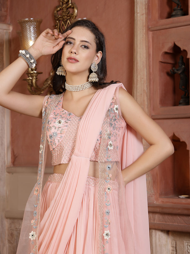 Printed &amp; Embroidered Georgette Draped Lehenga Saree With Blouse