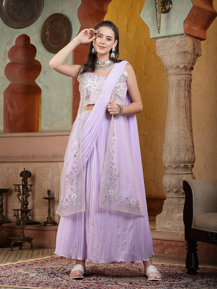 Printed &amp; Embroidered Georgette Draped Lehenga Saree With Blouse