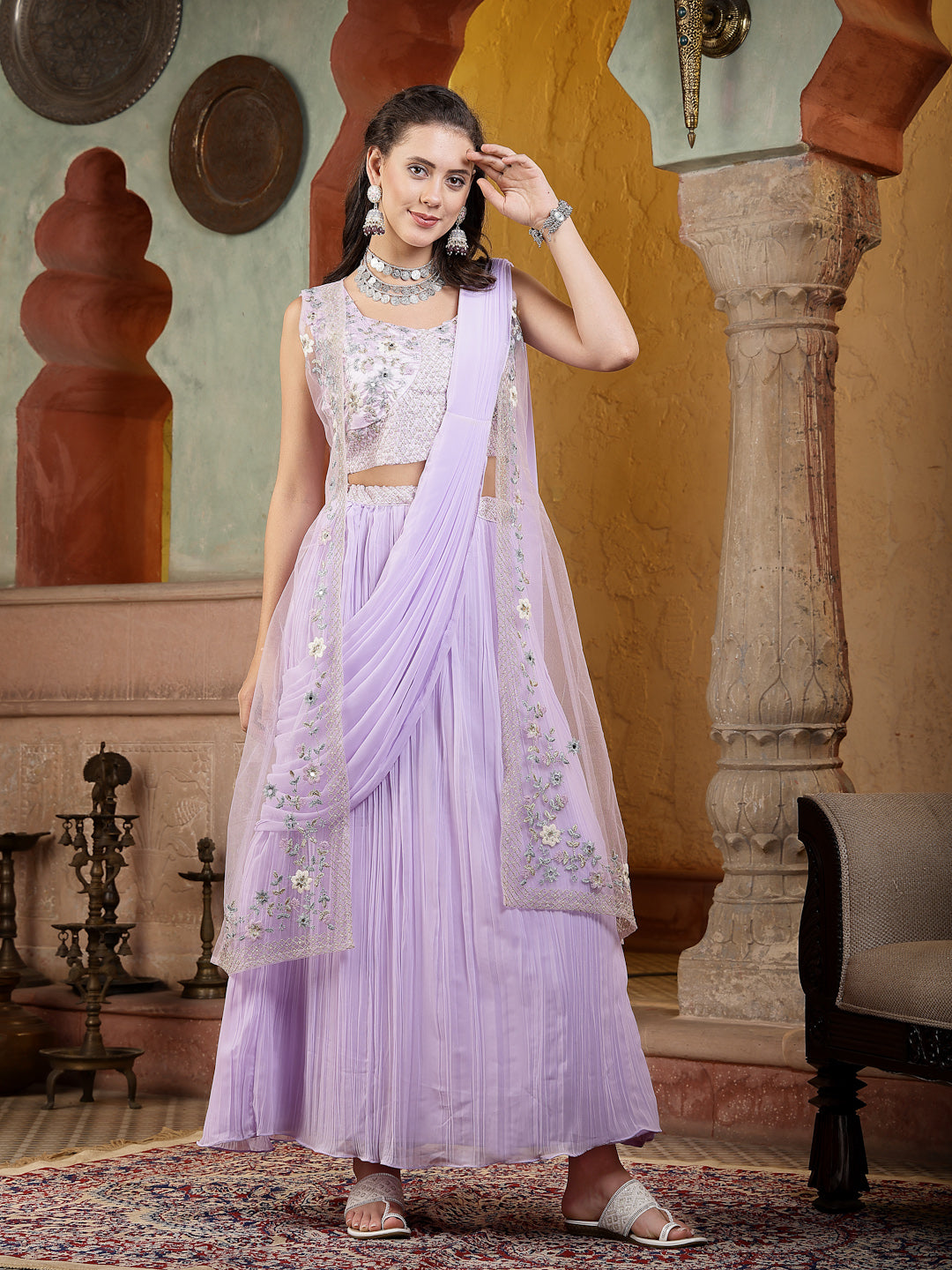 Printed & Embroidered Georgette Draped Lehenga Saree With Blouse