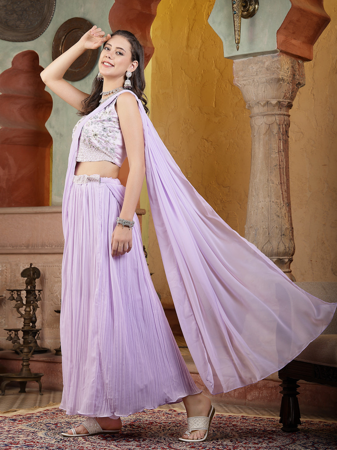 Printed &amp; Embroidered Georgette Draped Lehenga Saree With Blouse