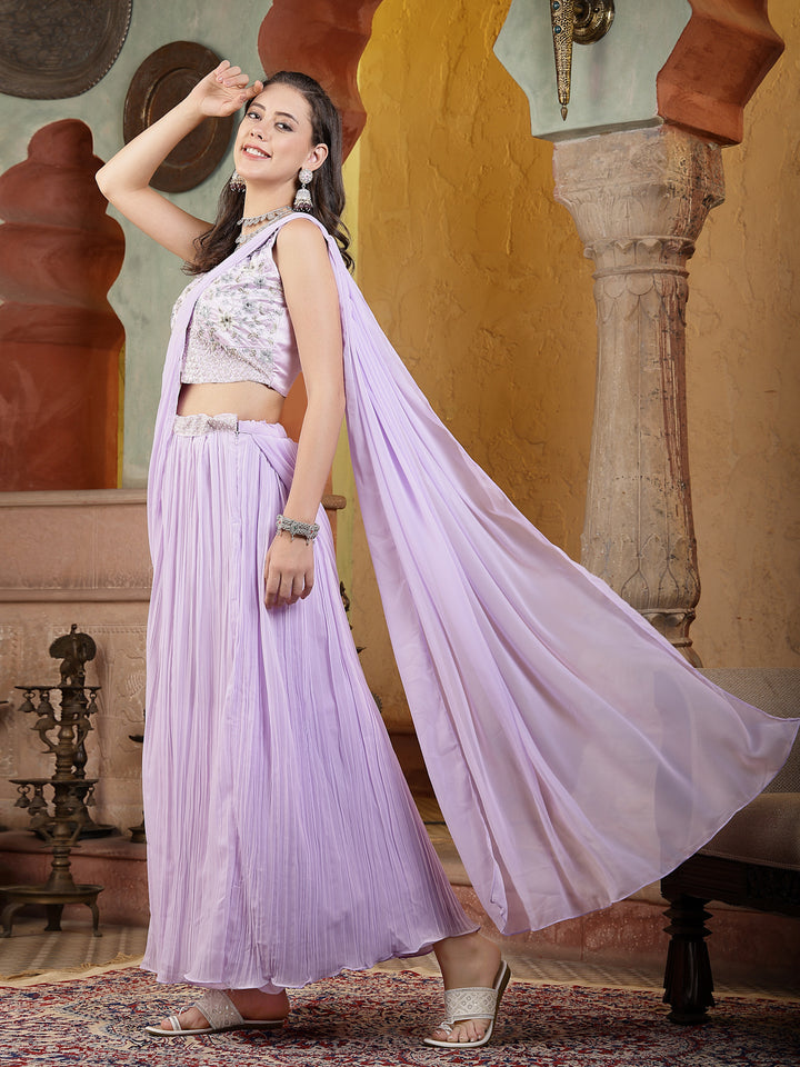 Printed &amp; Embroidered Georgette Draped Lehenga Saree With Blouse