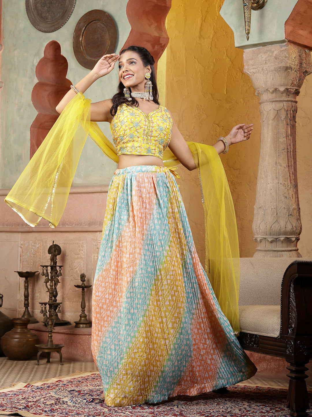 Printed &amp; Embroidered Silk Blend Lehenga Dupatta With Blouse