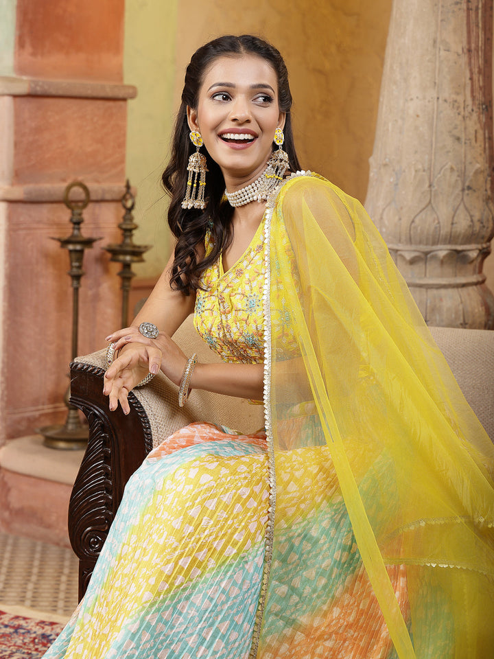 Printed &amp; Embroidered Silk Blend Lehenga Dupatta With Blouse