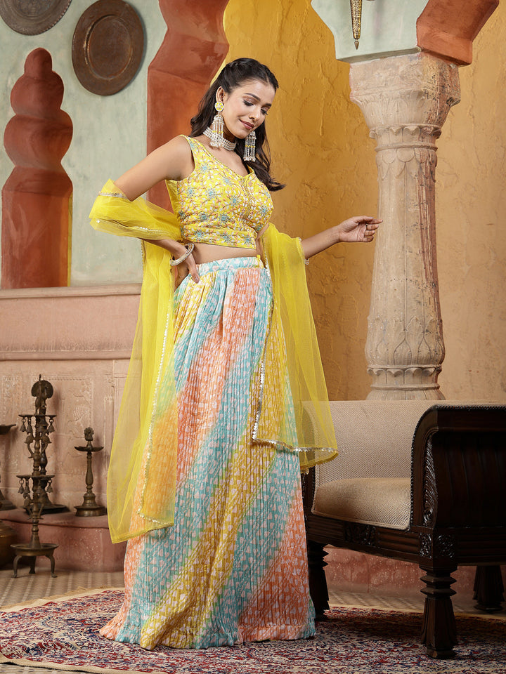 Printed &amp; Embroidered Silk Blend Lehenga Dupatta With Blouse