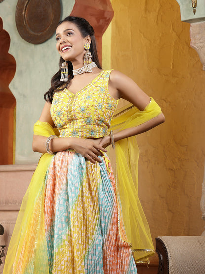 Printed & Embroidered Silk Blend Lehenga Dupatta With Blouse