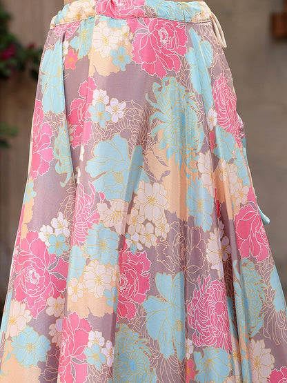 Floral Printed Satin Lehenga Dupatta With Blouse (Pre-Order)