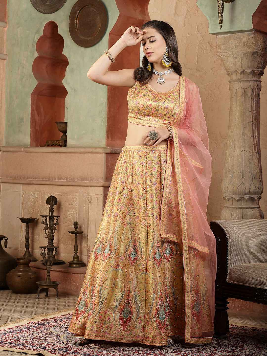 Floral Printed Silk Blend Lehenga Dupatta With Blouse (Pre-Order)