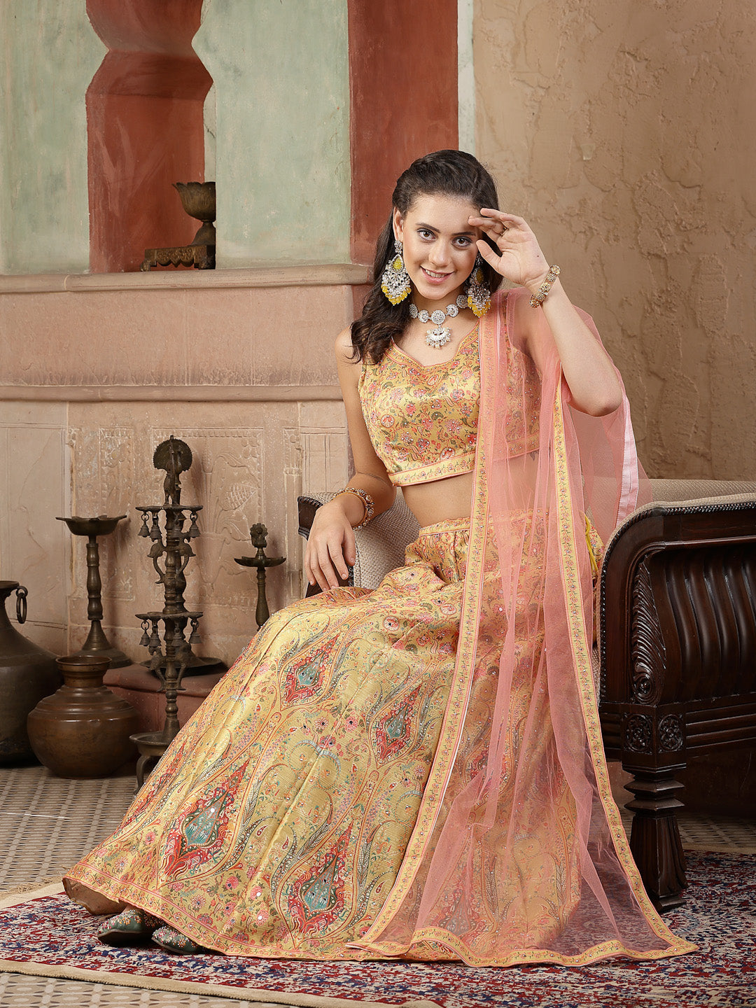 Floral Printed Silk Blend Lehenga Dupatta With Blouse (Pre-Order)