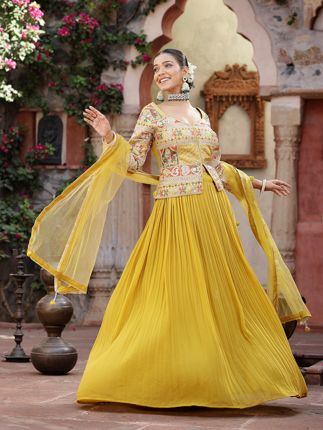 Solid &amp; Embroidered Georgette Lehenga Dupatta With Blouse