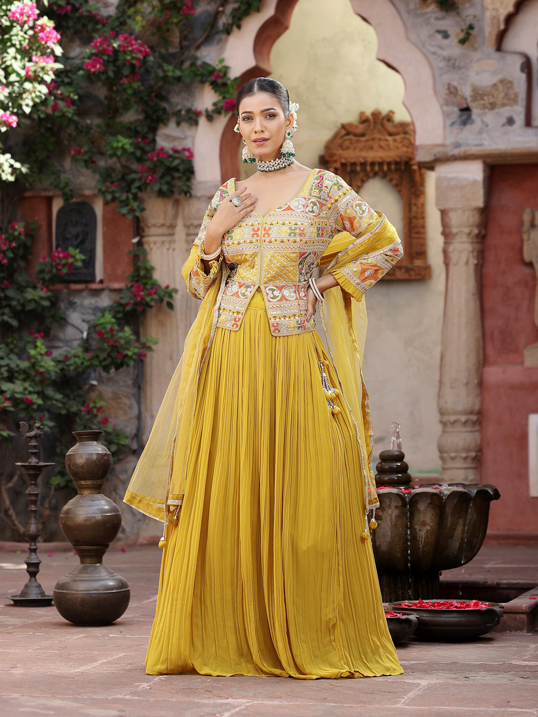 Solid &amp; Embroidered Georgette Lehenga Dupatta With Blouse