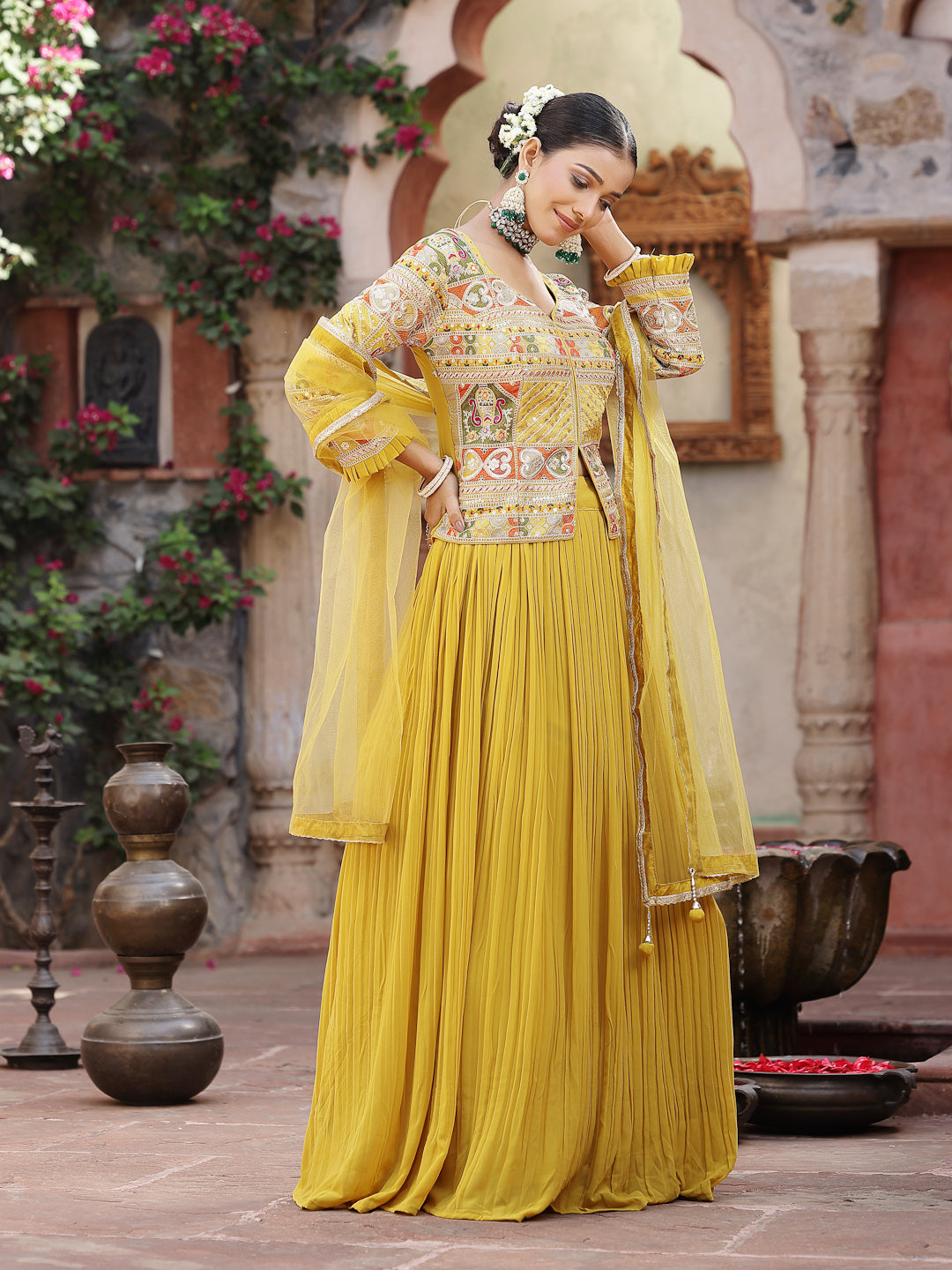 Solid &amp; Embroidered Georgette Lehenga Dupatta With Blouse