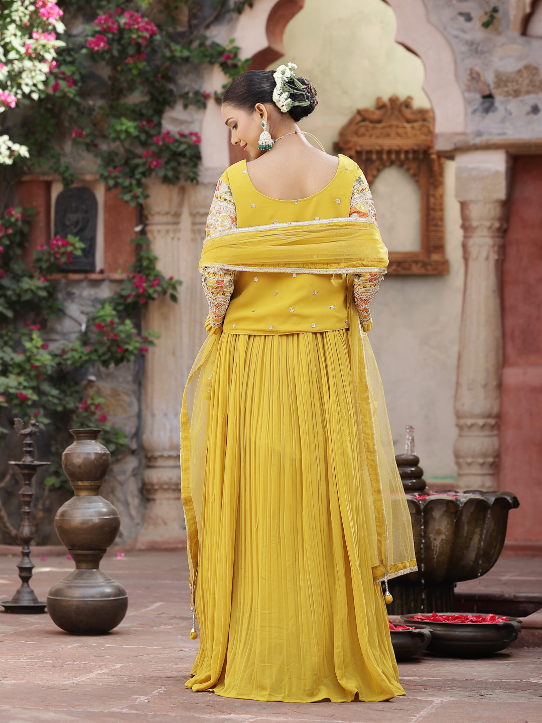Solid &amp; Embroidered Georgette Lehenga Dupatta With Blouse