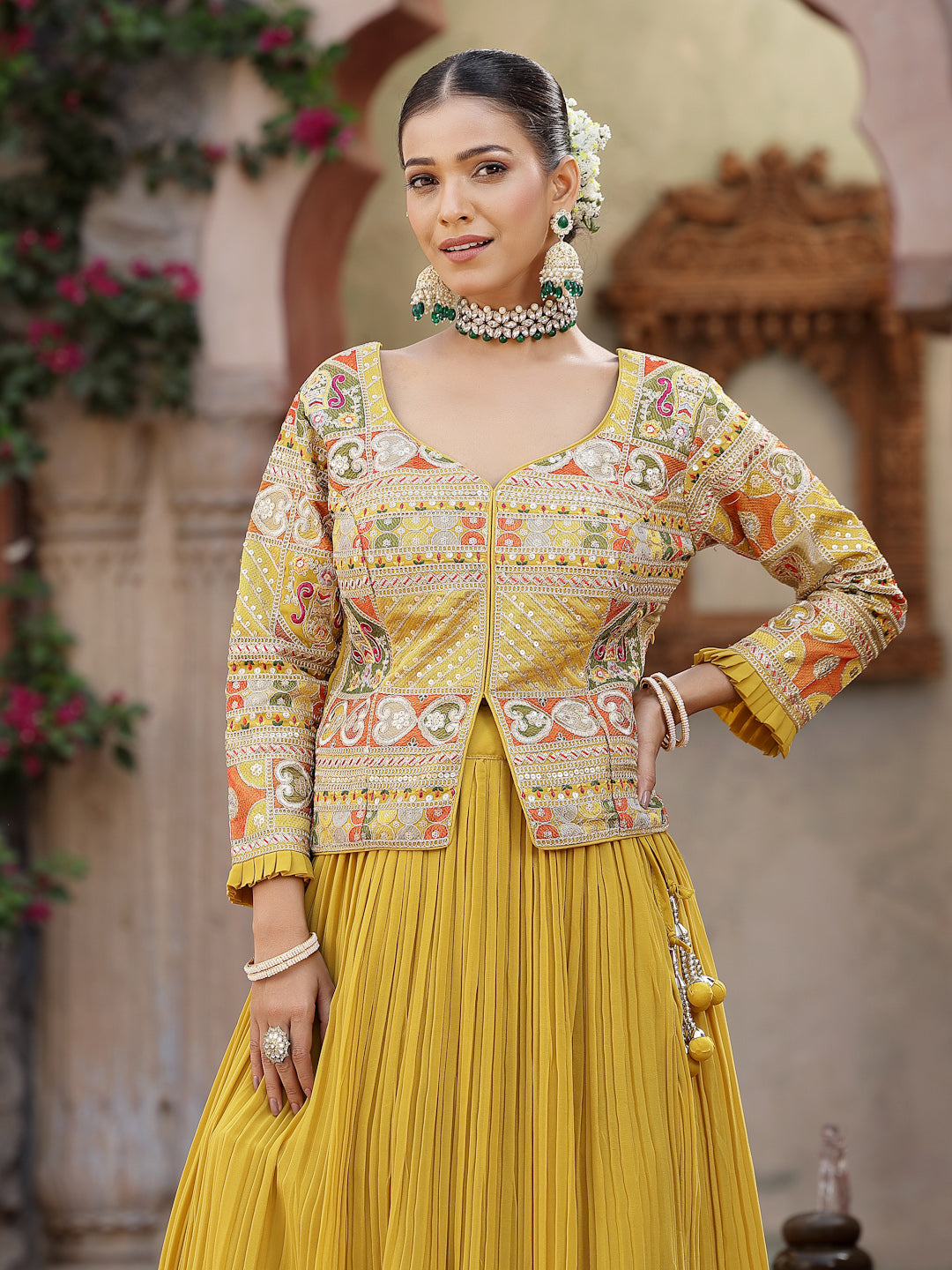 Solid & Embroidered Georgette Lehenga Dupatta With Blouse (Pre-Order)