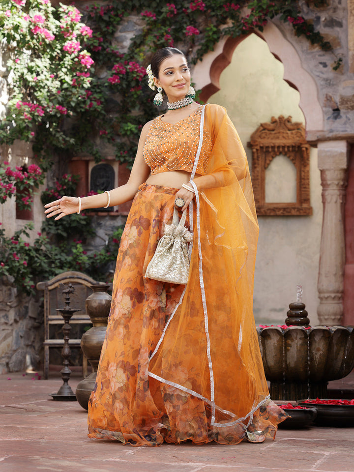 Floral Printed &amp; Embroidered Organza Lehenga Dupatta With Blouse
