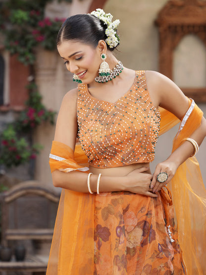 Floral Printed & Embroidered Organza Lehenga Dupatta With Blouse