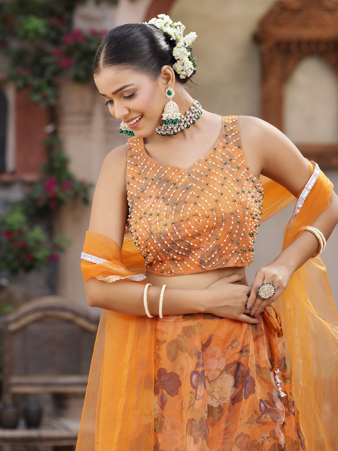 Floral Printed & Embroidered Organza Lehenga Dupatta With Blouse (Pre-Order)