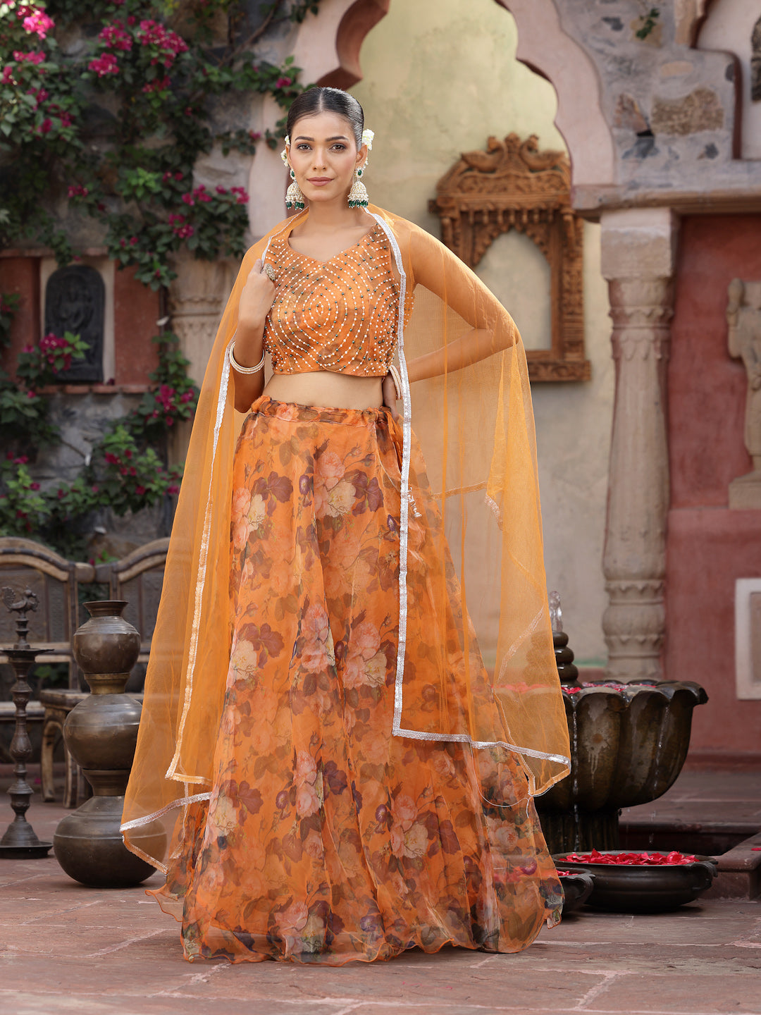Floral Printed &amp; Embroidered Organza Lehenga Dupatta With Blouse
