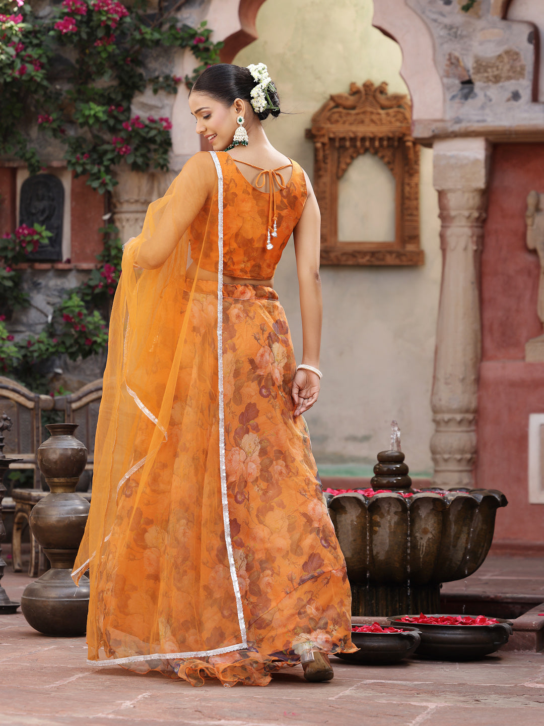 Floral Printed & Embroidered Organza Lehenga Dupatta With Blouse (Pre-Order)