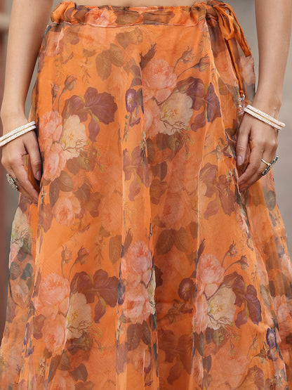 Floral Printed & Embroidered Organza Lehenga Dupatta With Blouse (Pre-Order)