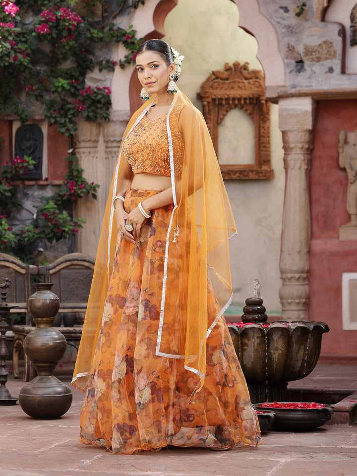 Floral Printed &amp; Embroidered Organza Lehenga Dupatta With Blouse