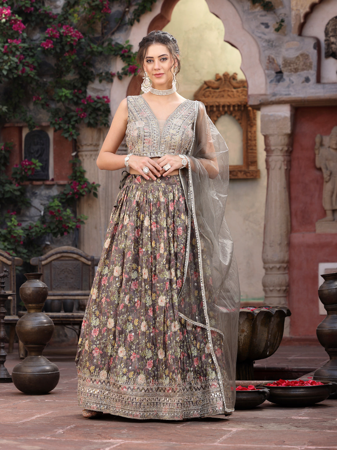 Floral Printed & Embroidered Silk Blend Lehenga Dupatta With Blouse (Pre-Order)