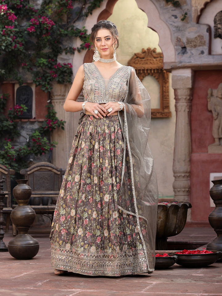 Floral Printed &amp; Embroidered Silk Blend Lehenga Dupatta With Blouse