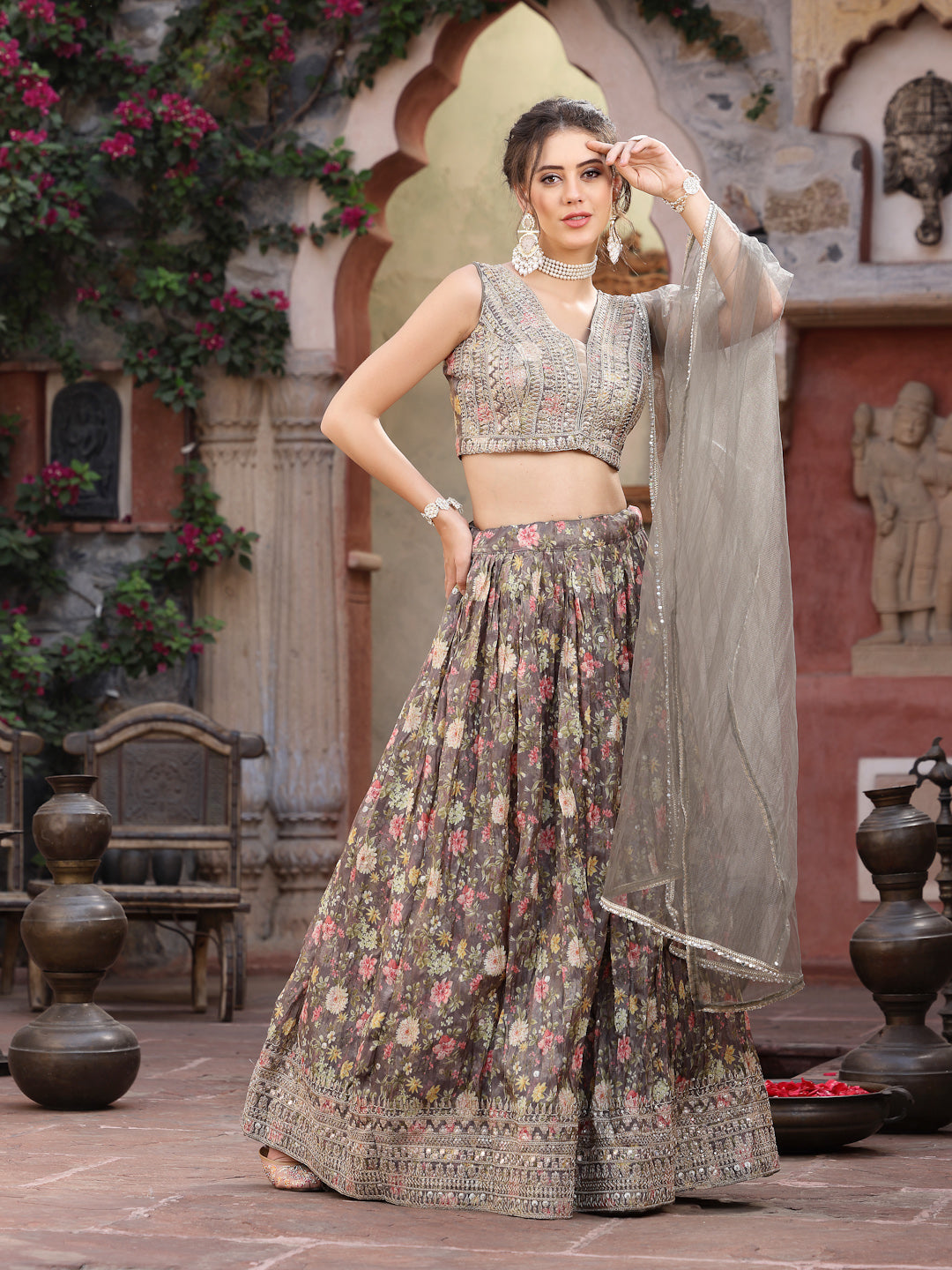 Floral Printed &amp; Embroidered Silk Blend Lehenga Dupatta With Blouse